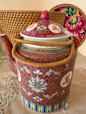 60s Chinese "Wanshou Wujiang" Famille Rose Teapot in Original Wicker Basket